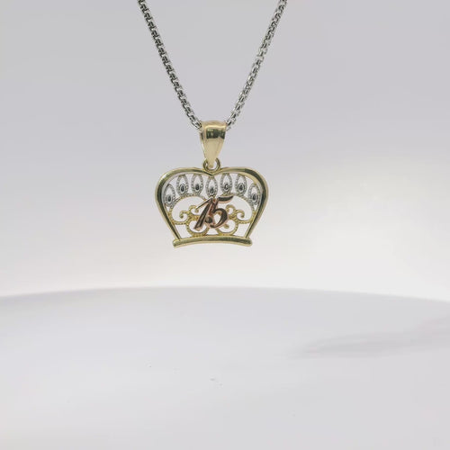 14KT Gold Charm Medium Tri Tone Quinceanera "15" Open Crown Outline with Row of Candle Flames and Plain Bell