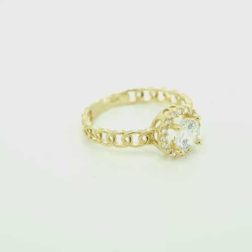 14KT Gold Ring Women's Round White Center Stone with White CZ Stone Border Chino Band