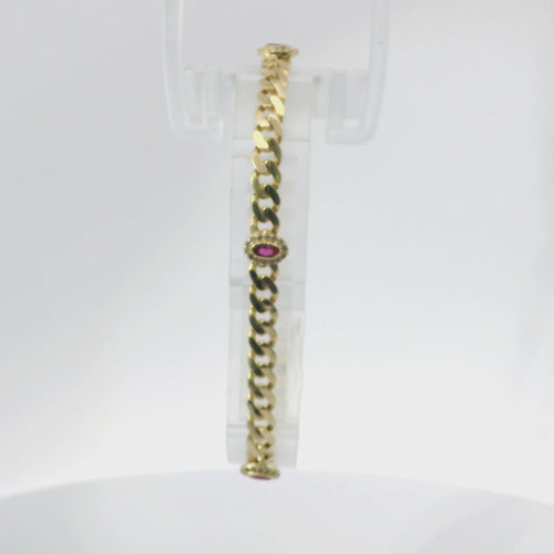 14KT Gold Bracelet Women's Three Charm Oval Dark Pink CZ Stones with White CZ Stones Border and White CZ Stone End Cuban Link Lobster Clasp Band