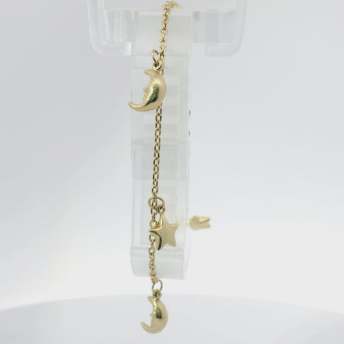 14KT Gold Bracelet Women's Charm Alternating Plain Puff Stars and Plain Puff Moons with White CZ Stone End Cable Link Lobster Clasp Band