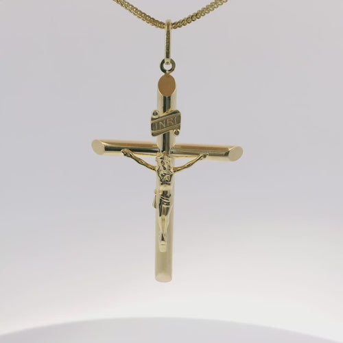 14KT Gold Charm Extra Large Plain Hollow Tube Slant Ends Crucifix Cross with Plain Oval Bell