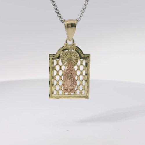 14KT Gold Charm Medium Two Tone Virgin Mary Lattice Square Archway with Plain Bell