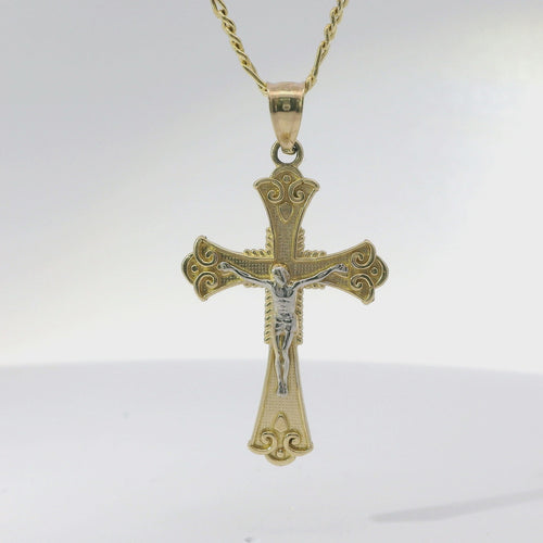 14KT Gold Charm Medium Two Tone Spade Shape Flare Ends Crucifix Cross with Plain Bell