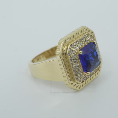 14KT Gold Women's Ring Navy Blue Square Center CZ Stone Double Platform Border of Round White CZ Stones Mock Link Border Plain Band