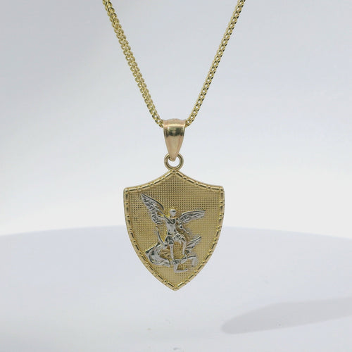 14KT Gold Charm Large Two Tone St Michael Shield Shape Coin with White Gold Diamond Cut Wings and Plain Bell