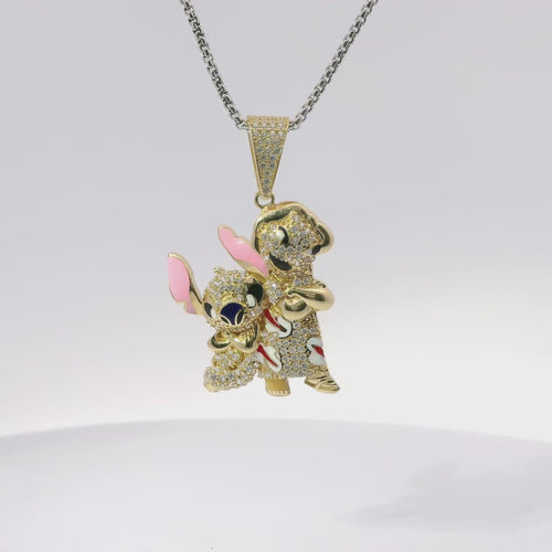 14KT Gold Charm Large Lilo and Stich with Enamel Highlights and White CZ Stone Body and Bell