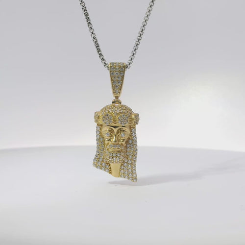 14KT Gold Charm Medium 3D Jesus Head with Flat Back and White CZ Stone Face and Bell