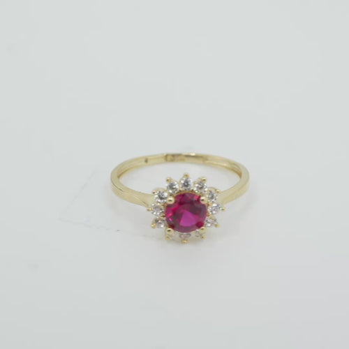 14KT Gold Ring Women's Flower Round Red Center Stone with White CZ Stone Petals Border Plain Band