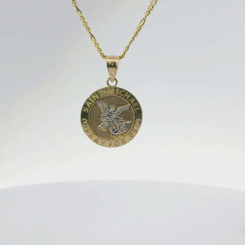 14KT Gold Charm Small Two Tone St Michael Coin with "PRAY FOR US" Border and Plain Bell