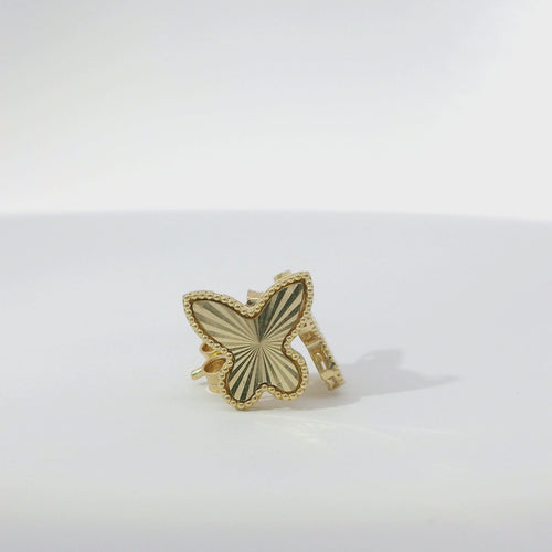 14KT Gold Earrings Small Sunray Butterfly with Dotted Border, Push Back Post and Butterfly Backs