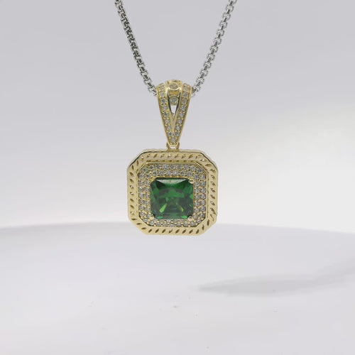 14KT Gold Charm Large Dark Green Square Center CZ Stone Double Platform Border of Round White CZ Stones Mock Link Border and Bell