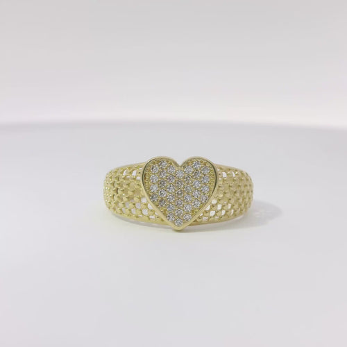 14KT Gold Ring Women's White CZ Stone Honeycomb Lattice Band with Raised Heart Cluster Center