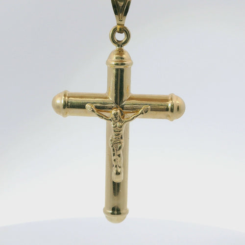 14KT Gold Charm Extra Large Hollow Tube Crossed Center Crucifix Cross Rounded Ends with Plain Bell