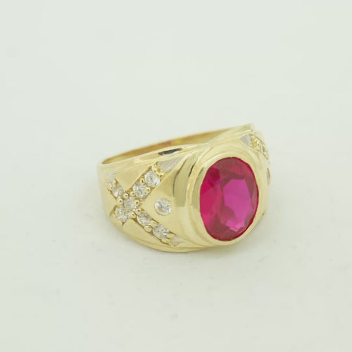 14KT Gold Ring Men's Oval Red Round CZ Center Stone Plain Border Side Design White CZ Stones "X" Pattern