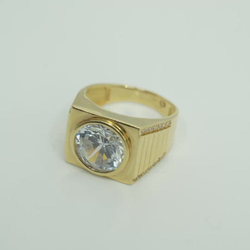 14KT Gold Ring Men's Square with Large White CZ Center Stone Plain Border Band Design 7 Round White CZ Stone Edge