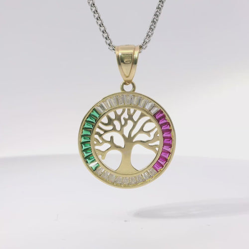 14KT Gold Charm Large Round Open Center Tree of Life with White, Red, and Green Baguette CZ Stones Border and Plain Bell