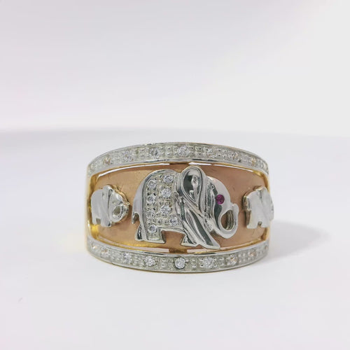 14KT Gold Ring Women's Tri Tone Right Facing White Gold Elephants One with Pink CZ Eye Rose Background White CZ Stones White Gold Band Border