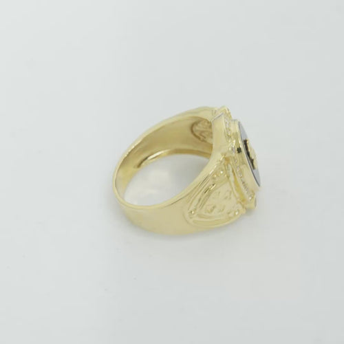 14KT Gold Ring Men's Oval Onyx Gold Raised Dollar Sign with White CZ Stones Border Side Design Chrome Style Cross on Shield