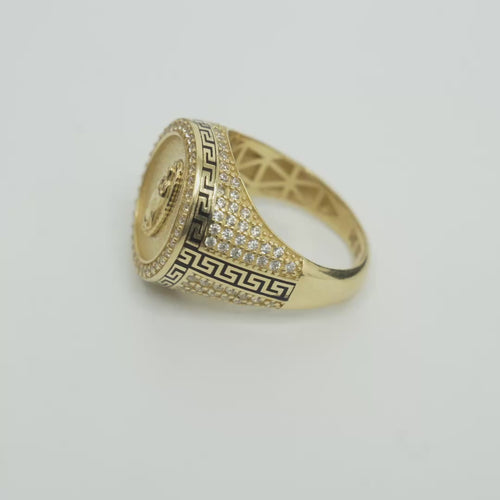 14KT Men's Ring Gold Round Virgin Mary Coin Brushed Finish Background with White CZ Stones Border and Black / Gold Greek Style Design Around the Border and Each Side of Band