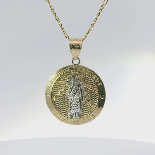 14KT Gold Charm Large Two Tone St Jude Coin with "PRAY FOR US" Border and Plain Bell