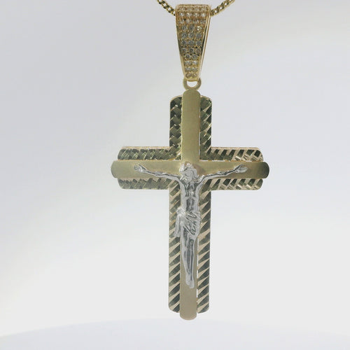14KT Gold Charm Large Two Tone Plain Crucifix Center Cross with Diamond Cut Border, Rounded White CZ Stones Edge and White CZ Stones Bell