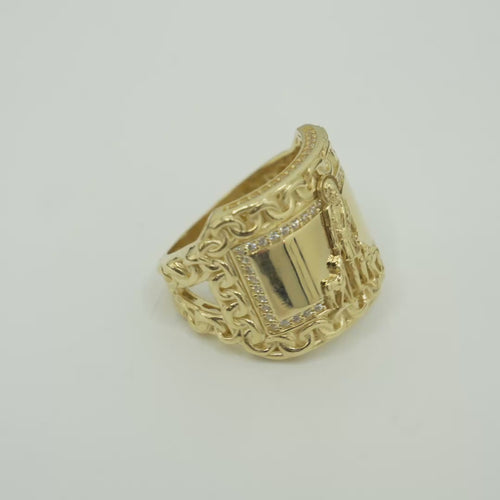 14KT Gold Ring Men's St. Lazarus Rectangle Chino Borders with White CZ Top/Side Stones