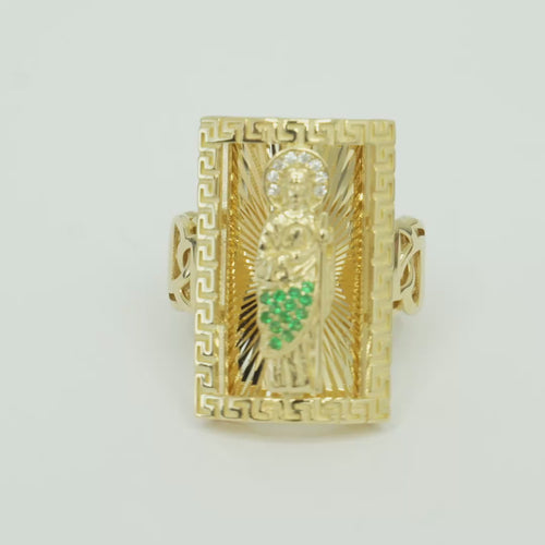 14KT Gold Ring Men's Rectangle Greek Border Jumbo Raised St. Jude with Sunray Background / Green CZ Stone Robe / White CZ Stones Sun Chino Band