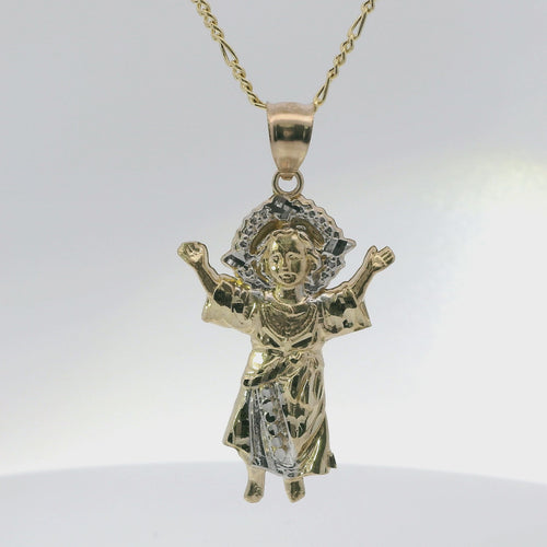 14KT Gold Charm Medium Two Tone Angel with Diamond Cut Halo and Robe with Plain Bell
