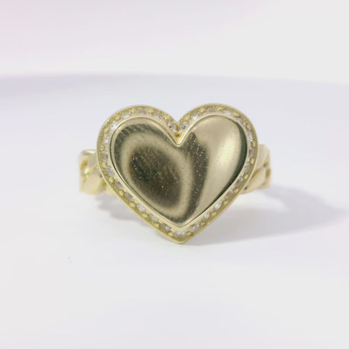 14KT Gold Ring Women's Engravable Heart White CZ Stones Border and Cuban Link Band