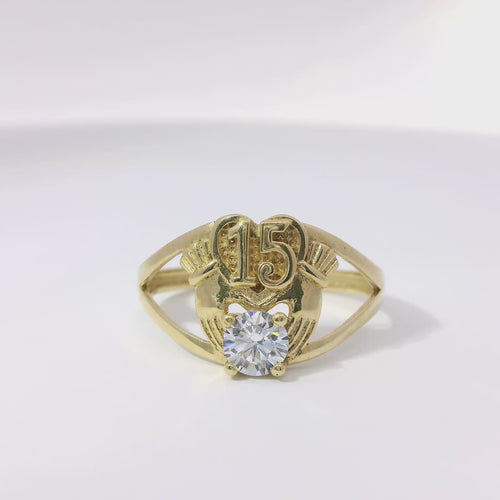 14KT Gold Ring Women's Quincenaera "15" Heart Above Two Hands Holding Round White CZ Center Stone and Split Band