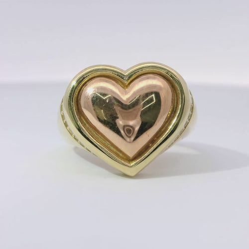14KT Gold Ring Women's Two Tone Plain Puff Heart with Plain Puff Heart Border White CZ Stones Edge Plain Band