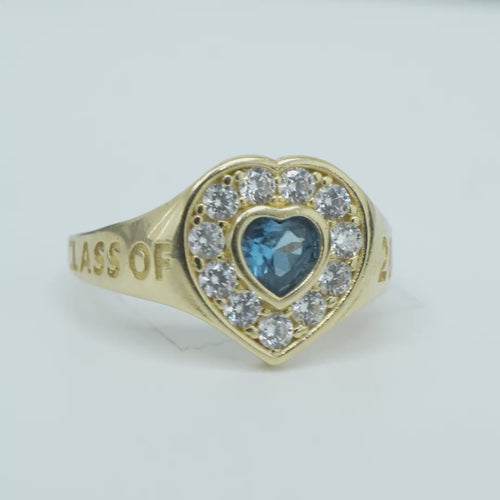 14KT Gold Ring Women's "Class of 2025" Turquoise Center Heart CZ Stone White CZ Stones Border Plain Band
