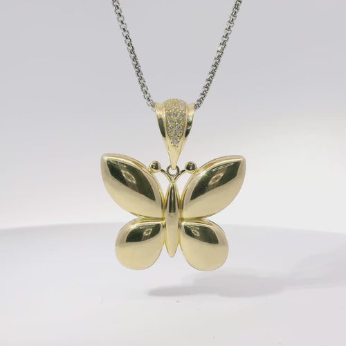 14KT Gold Charm Large 3D Puff Butterfly with Flat Back White CZ Stones Edge and Bell