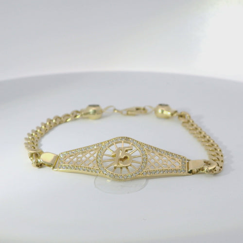 14KT Gold Bracelet Women's "15" Lattice Quinceanera Plaque with Round Center and White CZ Stones Border and White CZ Stones Border and White CZ Stone End Cuban Link Lobster Clasp