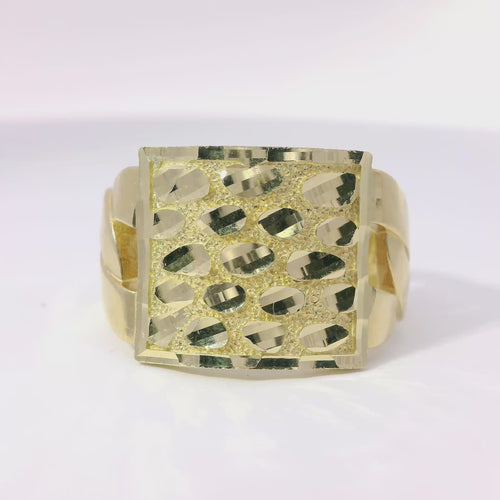 14KT Gold Ring Men's Square Large Flat Nugget with Plain Border and Cuban Link Band