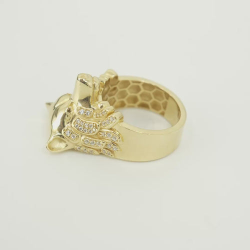 14KT Gold Ring Men's Mini Wolf Ring with White CZ Stones Fur