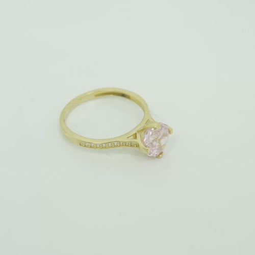 14KT Gold Women's Ring Octagon Rose Mini 4 Prong Powder Pink CZ Center Stone with Round White Pave CZ Stone Band
