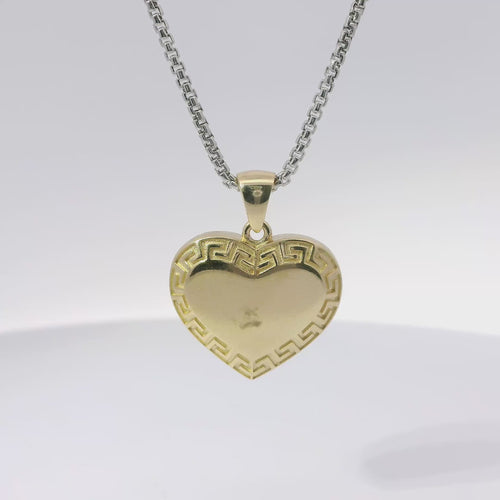 14KT Gold Charm Medium Greek Border Heart with Plain Bell