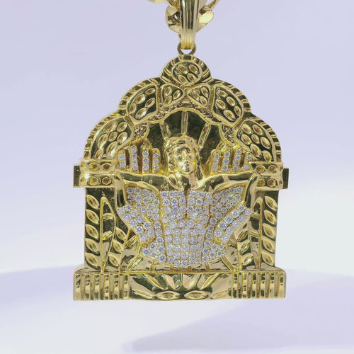 14KT Gold Charm Jumbo White CZ Stones Open Hands Lifting Jesus in Arch Alter Center with White CZ Stones Chest and Plain Bell