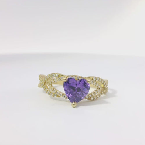 14KT Gold Ring Women's Purple Heart Shape Halo Center CZ Stone White CZ Stone Helix Open Band