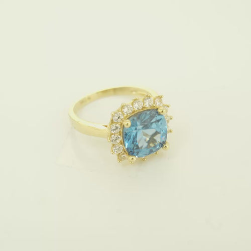 14KT Gold Ring Women's Square Jumbo Turquoise Center CZ Stone with Round White CZ Stones Border and Plain Band