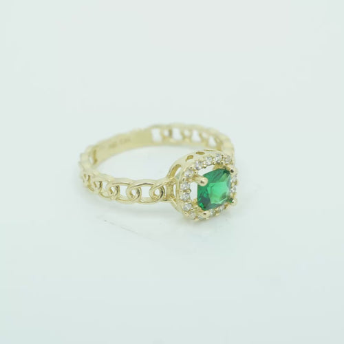 14KT Gold Ring Women's Square Dark Green Center Stone with White CZ Stone Border Chino Band