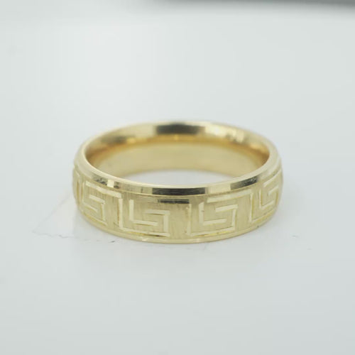 14KT Gold Ring Unisex Solid Etched Matt Greek Center Design with Plain Borders