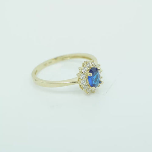 14KT Gold Ring Women's Flower Oval Navy Blue Center Stone with White CZ Stone Petals Border Plain Band