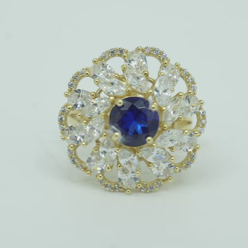 14KT Gold Ring Women's Flower Navy Blue Round Center CZ Stone White Pear/Marquise Petals with Round White CZ Stones Border and Plain Split Band