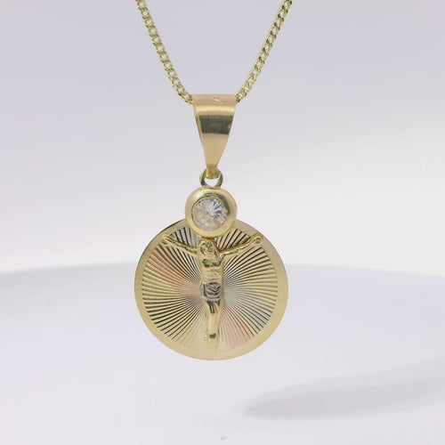 14KT Gold Charm Medium Tri Tone Oval Crucifix Sunray Coin with White CZ Stone Top and Plain Bell