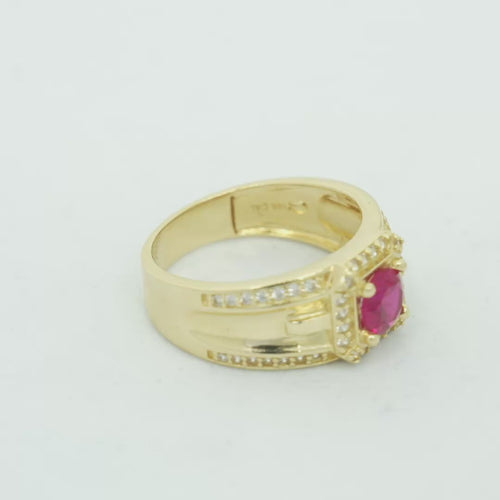 14KT Gold Ring Men's Square Red Round CZ 14KT Gold Men's Ring Square Red Round CZ Center Stone White CZ Stone Border Side Design White CZ Stones Plain Stone White CZ Stone Border Side Design White CZ Stones Plain