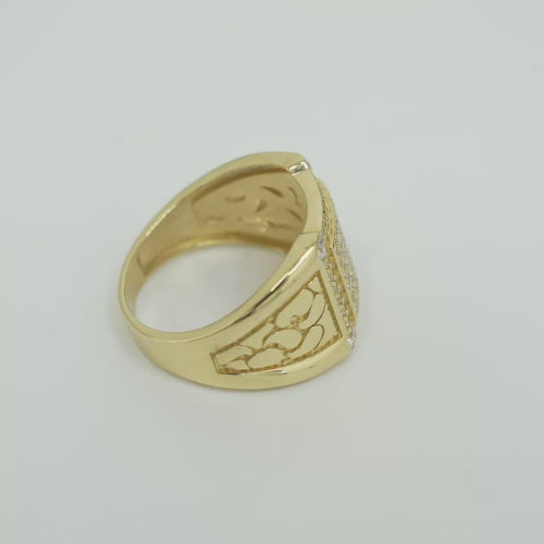 14KT Gold Ring Men's Square White Round CZ Stones Raised Center Square Plain Border Second Border White CZ Stone Border Corner Design Four Slightly Larger White CZ Stones Side Design Nugget Print / Plain Side Design Border