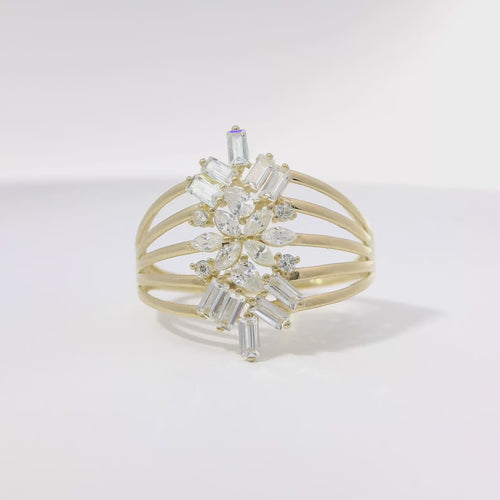 14KT Gold Ring Women's Light Weight Jumbo Marquise Pear Baguette White CZ Stone Snowflake Center Five Way Split Band