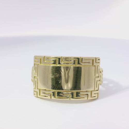 14KT Gold Ring Unisex Jumbo Engravable Name Plate with Greek Border and Chino Band